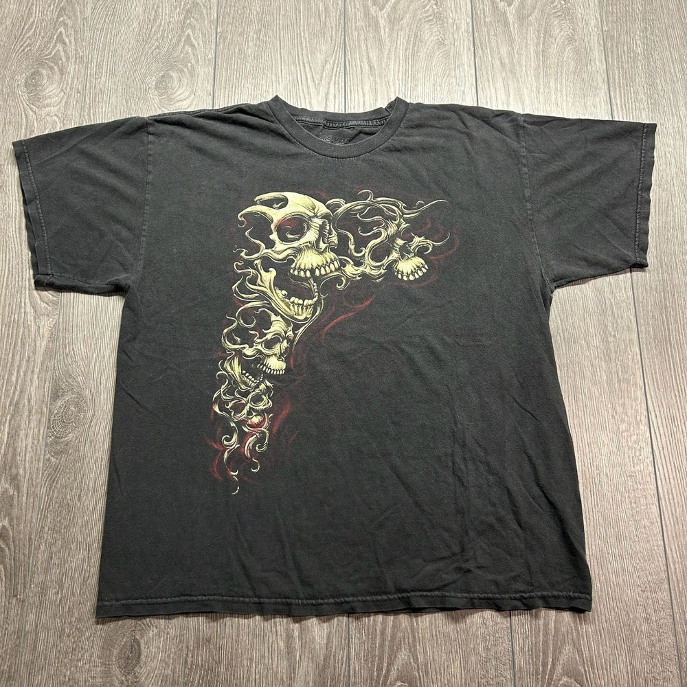 Vintage Y2K Skull Graphic T-Shirt Mens XL Faded Black Cotton Short Sleeve Tee